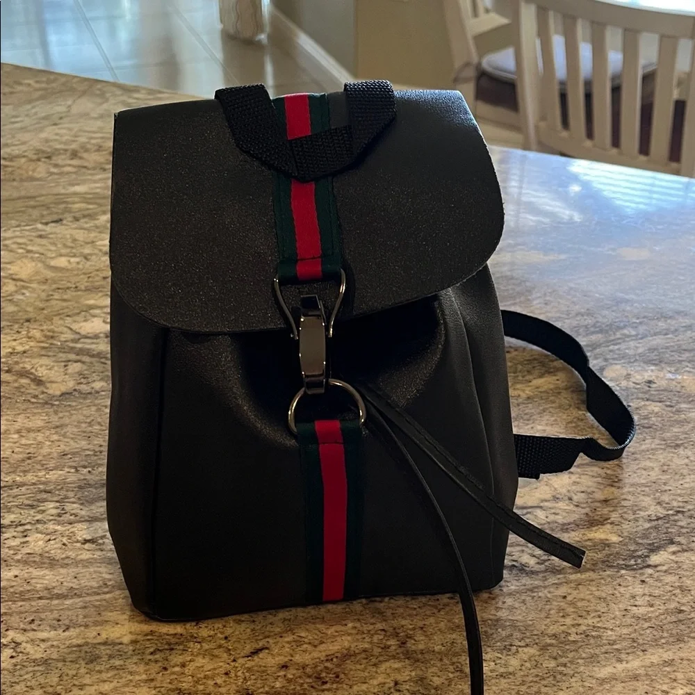 Stylish Mini Black Backpack with Red and Green Stripes NWOT - Picture 5 of 9